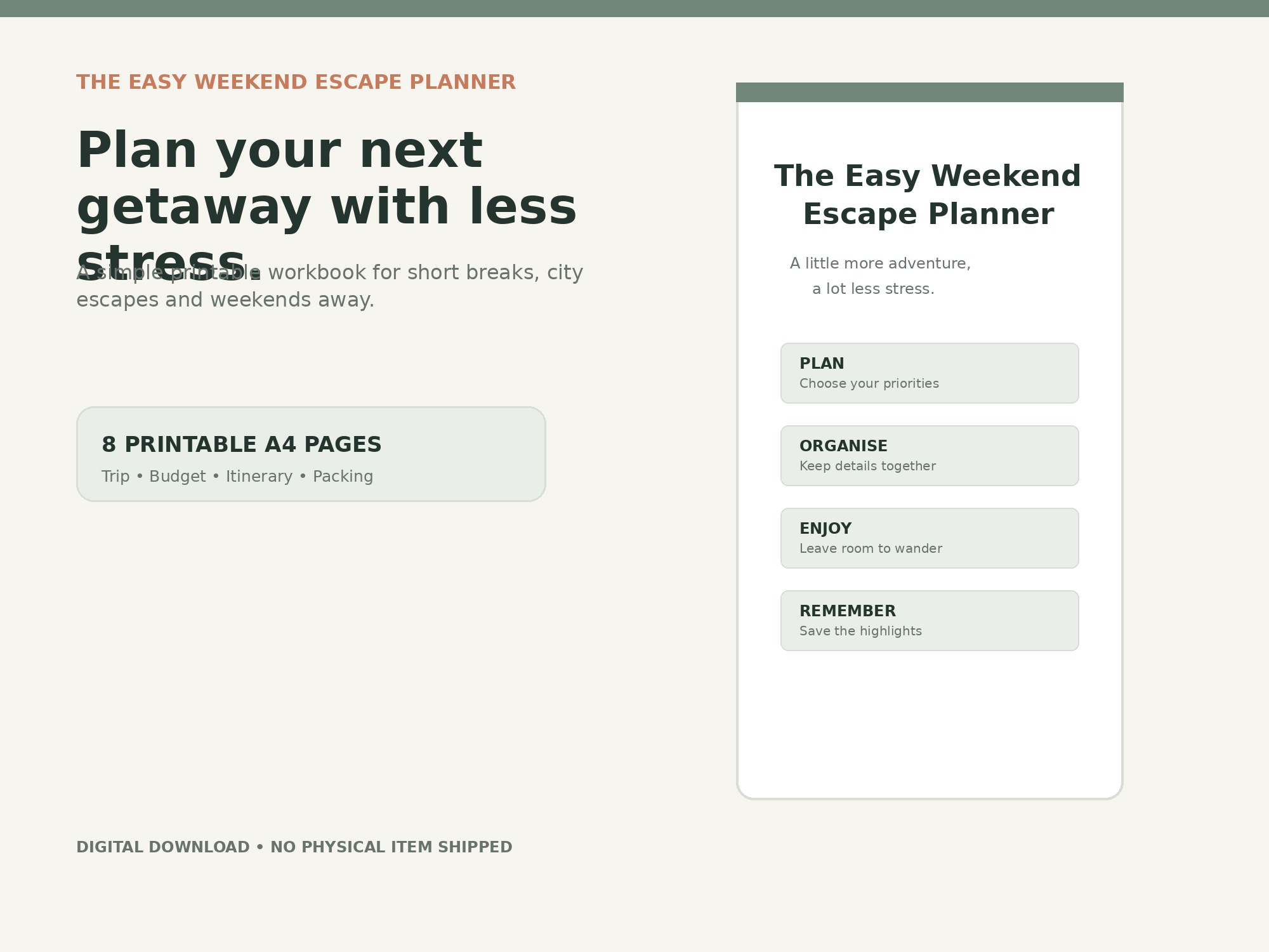 The Easy Weekend Escape Planner printable PDF preview